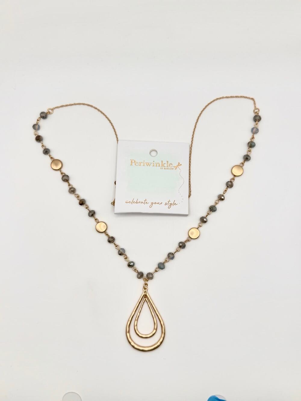 Gold Teardrop Pendant Necklace with Gray Faceted Beads NWT